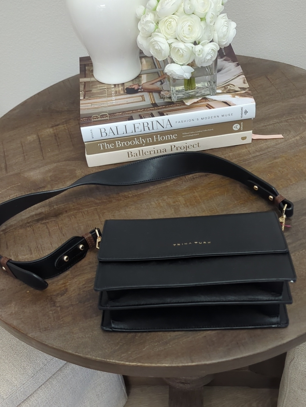 Trina Turk Black Triple-Compartment Leather Crossbody with Gold Logo